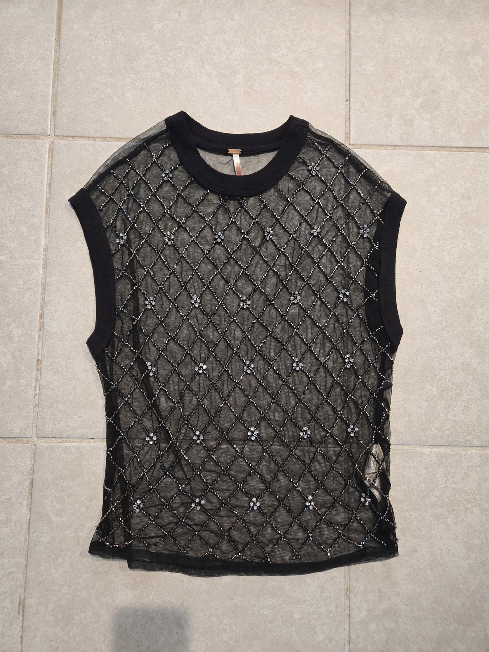 Free People Black Beaded Mesh Tank